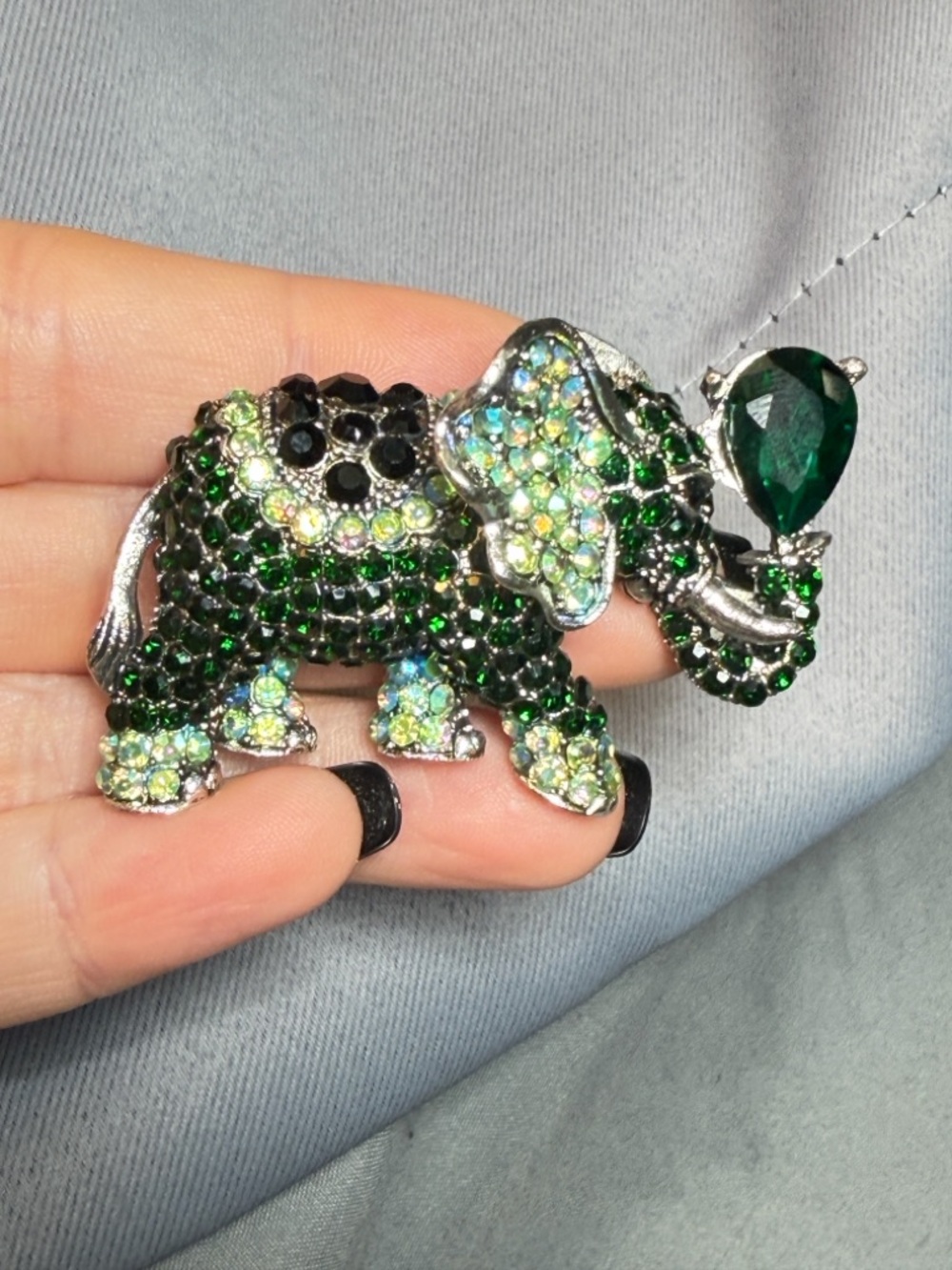 Elephant Brooch Pin Green Crystals and Rhinestones with Balloon Pin 2.25"